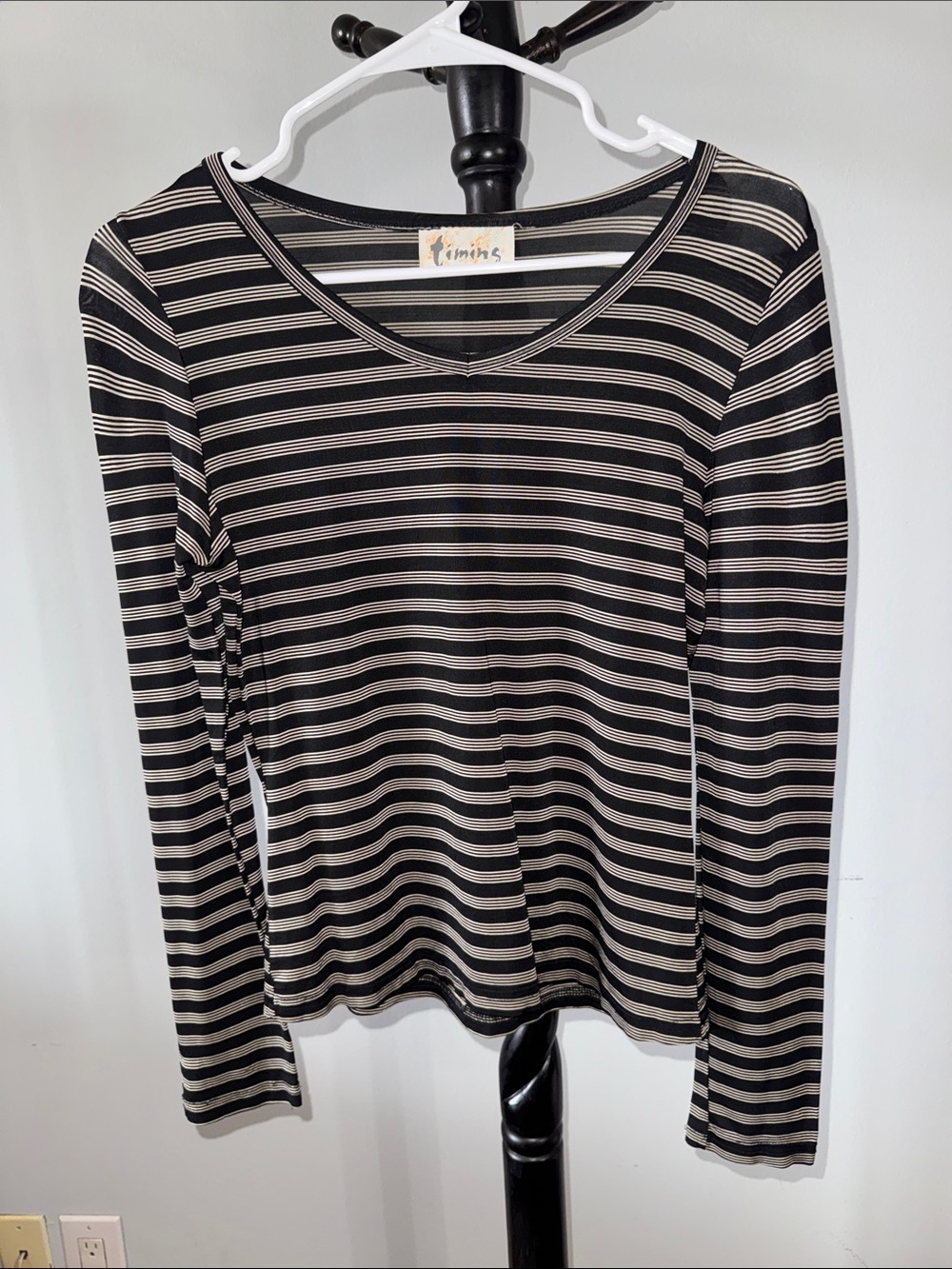Timing Black and Cream Striped V-Neck Long Sleeve Top 20.T